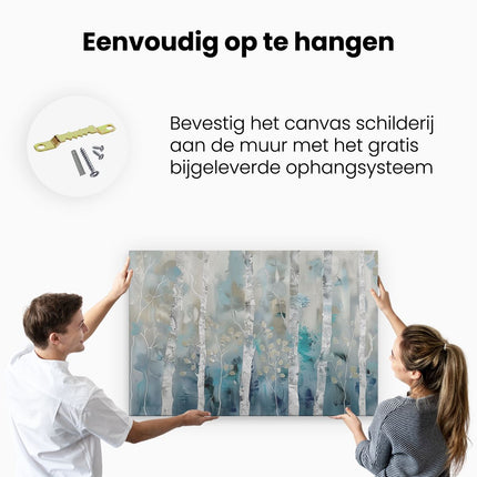 Canvas schilderij ophangen Kunstwerk van Berkenbomen in Blauw en Wit