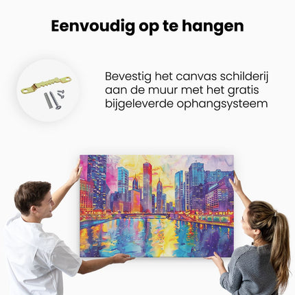 Canvas schilderij ophangen Kunstwerk van de Chicago Rivier en Wolkenkrabbers
