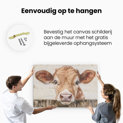 Canvas schilderij ophangen Koe die over een Hek Kijkt