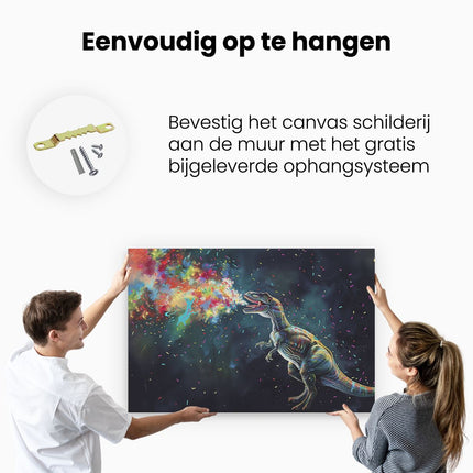 Canvas schilderij ophangen T - Rex Blaast Kleurrijke Confetti