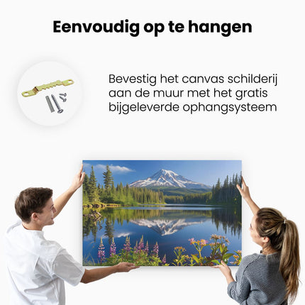 Canvas schilderij ophangen Berg Weerspiegeld in een Meer