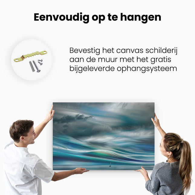 Canvas schilderij ophangen Stormachtige Lucht met een Zeilboot in het Water