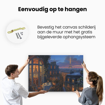 Canvas schilderij ophangen Balkon met Uitzicht op de Eiffeltoren