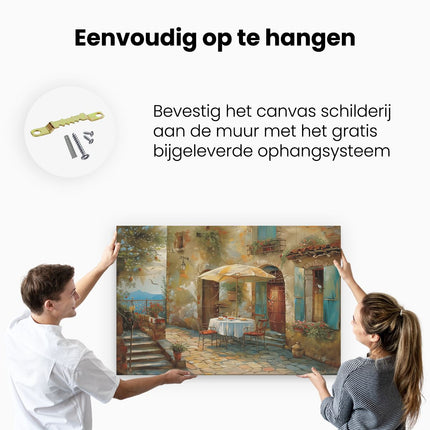 Canvas schilderij ophangen Kunstwerk van een Tafel en Stoelen op een Binnenplaats