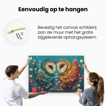 Canvas schilderij ophangen Twee Uilen op een Tak met Hartjes