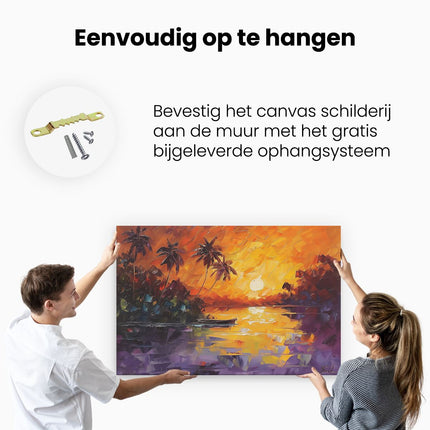 Canvas schilderij ophangen Zonsondergang met Palmbomen en een Boot