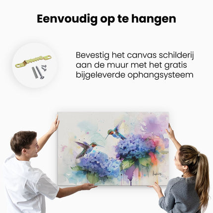 Canvas schilderij ophangen Twee Kolibries op Paarse Bloemen