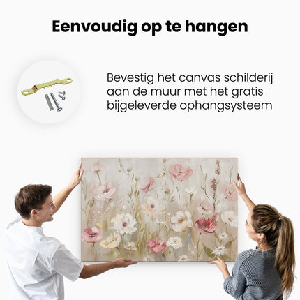 Canvas schilderij ophangen Roze en Witte Bloemen in een Veld