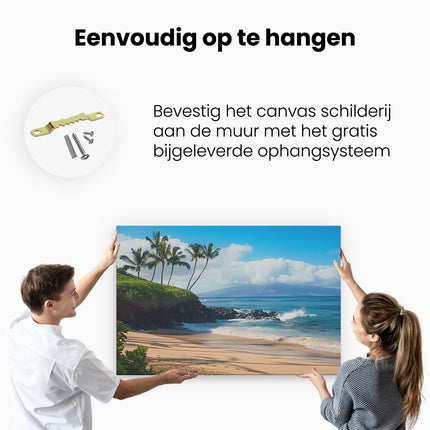 Canvas schilderij ophangen Strand met Palmbomen en een Berg op de Achtergrond