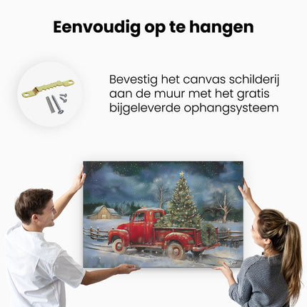Canvas schilderij ophangen Rode Vrachtwagen met een Kerstboom