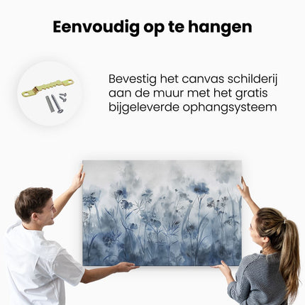 Canvas schilderij ophangen Aquarelkunstwerk van een Veld met Blauwe Bloemen