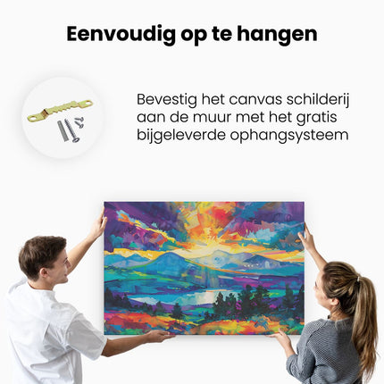 Canvas schilderij ophangen Kleurrijk Kunstwerk van Bergen en een Meer