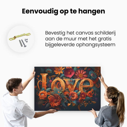 Canvas schilderij ophangen Het Woord Liefde is Omgeven door Bloemen