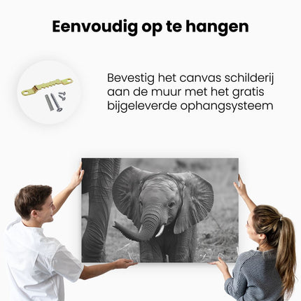 Canvas schilderij ophangen Babyolifant Staat Naast een Volwassen Olifant