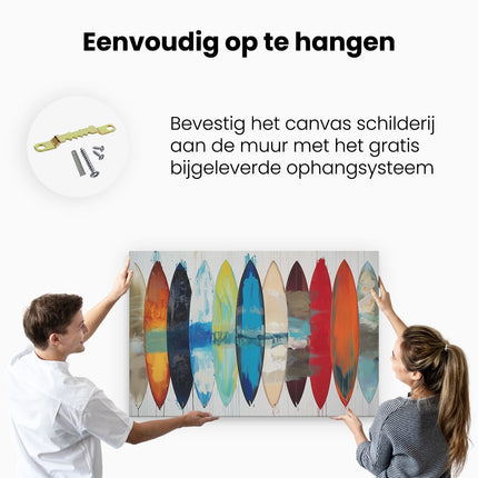 Canvas schilderij ophangen Groep Surfplanken Geschilderd in Verschillende Kleuren
