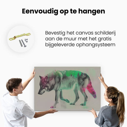 Canvas schilderij ophangen Wolf loopt voor een Kleurrijke Achtergrond