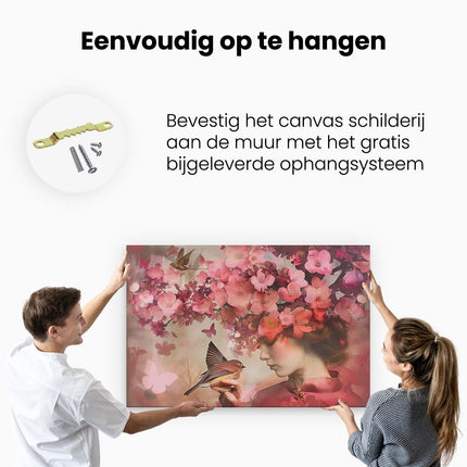 Canvas schilderij ophangen Vrouw met een Vogel op haar Hoofd