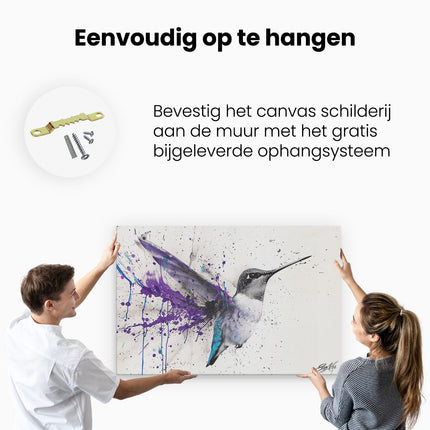 Canvas schilderij ophangen Kolibrie met Paarse Verfspatten