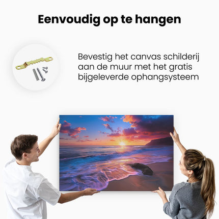 Canvas schilderij ophangen Kleurrijke Zonsondergang op een Strand