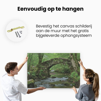 Canvas schilderij ophangen Stenen Brug over een Beekje in het Bos