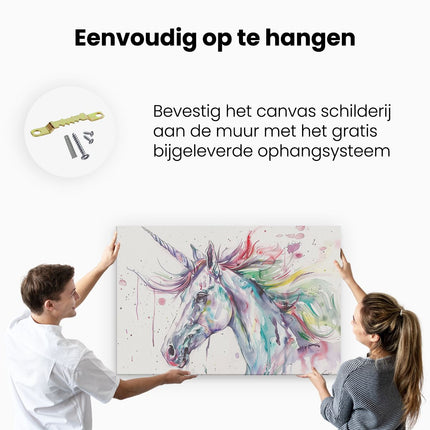 Canvas schilderij ophangen Eenhoorn met Regenboogmanen