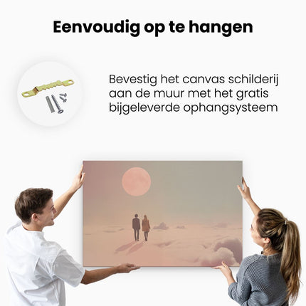 Canvas schilderij ophangen Twee Mensen die Bovenop Wolken Staan ​​Met een Volle Maan Achter Hen