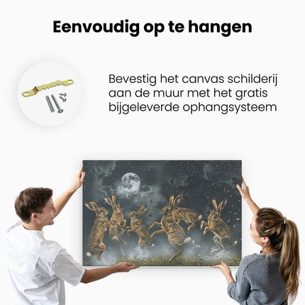 Canvas schilderij ophangen Hazen Springen in het Maanlicht
