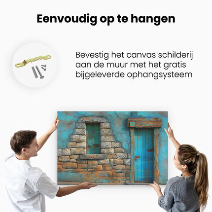 Canvas schilderij ophangen Blauwe Deur en een Stenen Muur