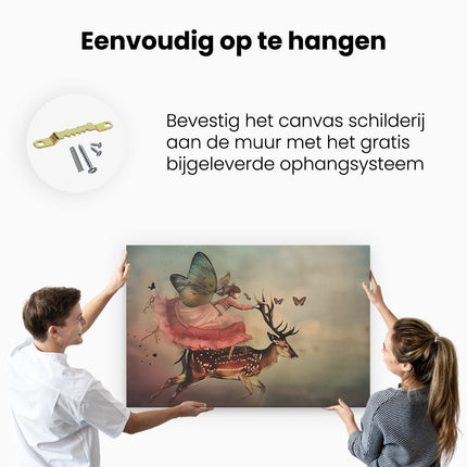 Canvas schilderij ophangen Fee die op een Hert Rijdt met Vlinders