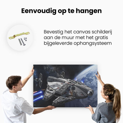 Canvas schilderij ophangen Afbeelding van een Star Wars Millenniumvalk die over de Aarde Vliegt