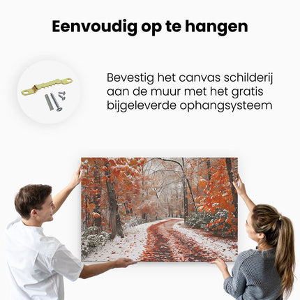 Canvas schilderij ophangen Besneeuwd Pad in een Bosrijke Omgeving