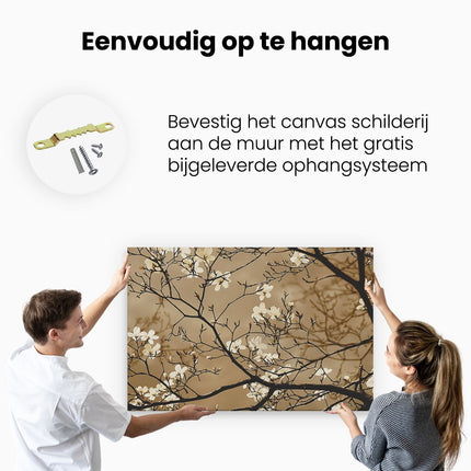 Canvas schilderij ophangen Witte Bloemen aan een Boom