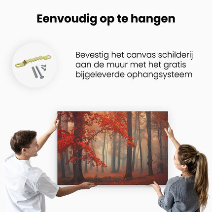 Canvas schilderij ophangen Rode Bladeren in een Mistig Bos