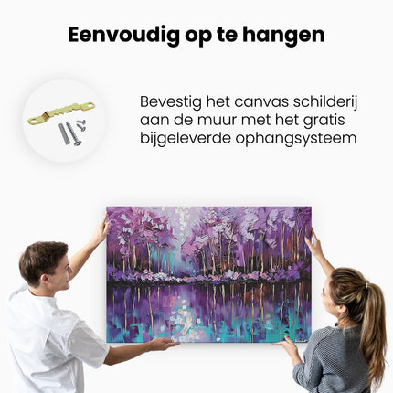 Canvas schilderij ophangen Kunstwerk van Paarse Bomen in een Meer