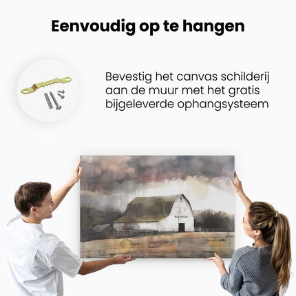 Canvas schilderij ophangen Schuur in een Veld met een Stormachtige Lucht