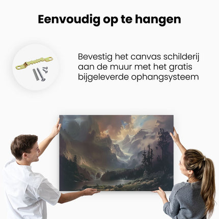 Canvas schilderij ophangen Berglandschap met Bomen en Wolken