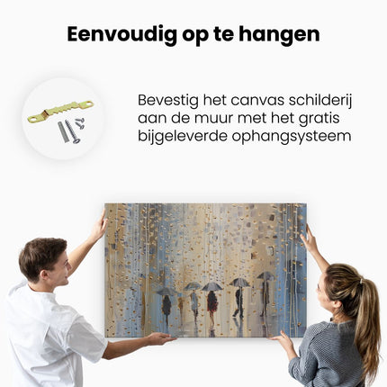 Canvas schilderij ophangen Mensen die met Paraplu's in de Regen Lopen