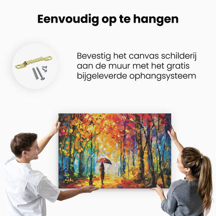 Canvas schilderij ophangen Vrouw die met een Paraplu door het Bos loopt