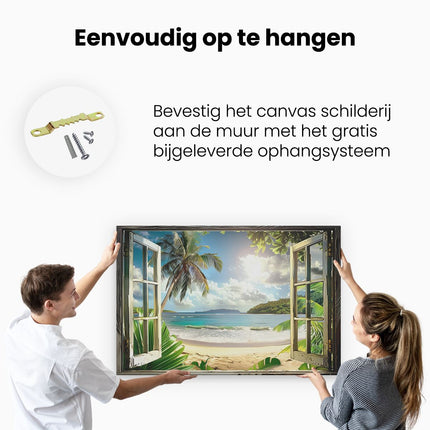 Canvas schilderij ophangen Uitzicht op het Strand door een Open Raam