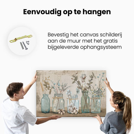 Canvas schilderij ophangen Blauwe Stenen Potten met Bloemen Erin