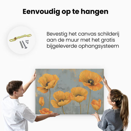 Canvas schilderij ophangen Kunstwerk van Oranje Klaprozen op een Grijze Achtergrond