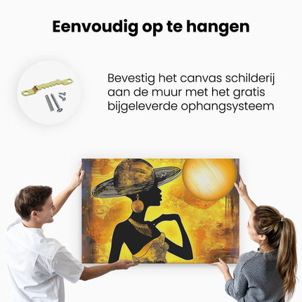 Canvas schilderij ophangen Silhouet van een Vrouw die een Hoed Draagt