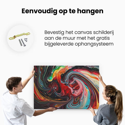 Canvas schilderij ophangen Kleurrijke Wervelingen van Verf op een Zwarte Achtergrond