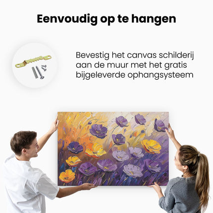 Canvas schilderij ophangen Paarse en Gele Bloemen