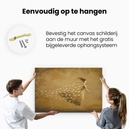 Canvas schilderij ophangen Vrouw in een Jurk met Vogels die Om haar Heen Vliegen