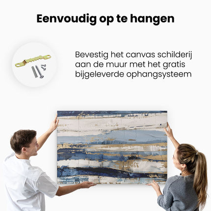 Canvas schilderij ophangen Abstract Kunstwerk met Blauwe en Gouden Strepen
