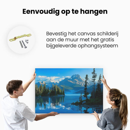 Canvas schilderij ophangen Meer Omgeven door Bergen en Bomen