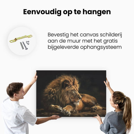 Canvas schilderij ophangen Leeuw ligt in het Donker