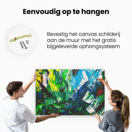 Canvas schilderij ophangen Abstract Kunstwerk met Groene, Blauwe en Gele Kleuren