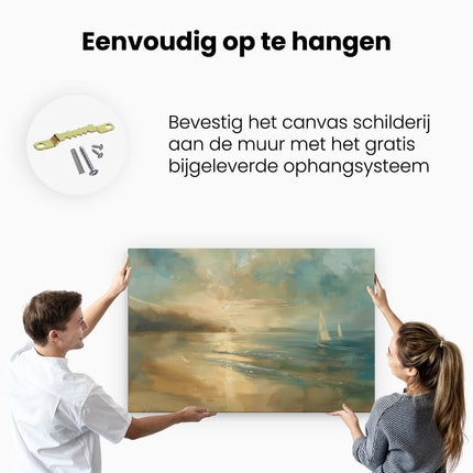 Canvas schilderij ophangen Kunstwerk van een Zeilboot op het Strand